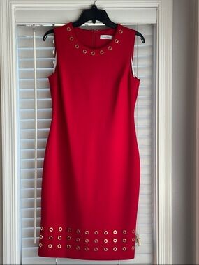 Calvin Klein Red Sleeveless Sheath Dress with Gold Eyelets